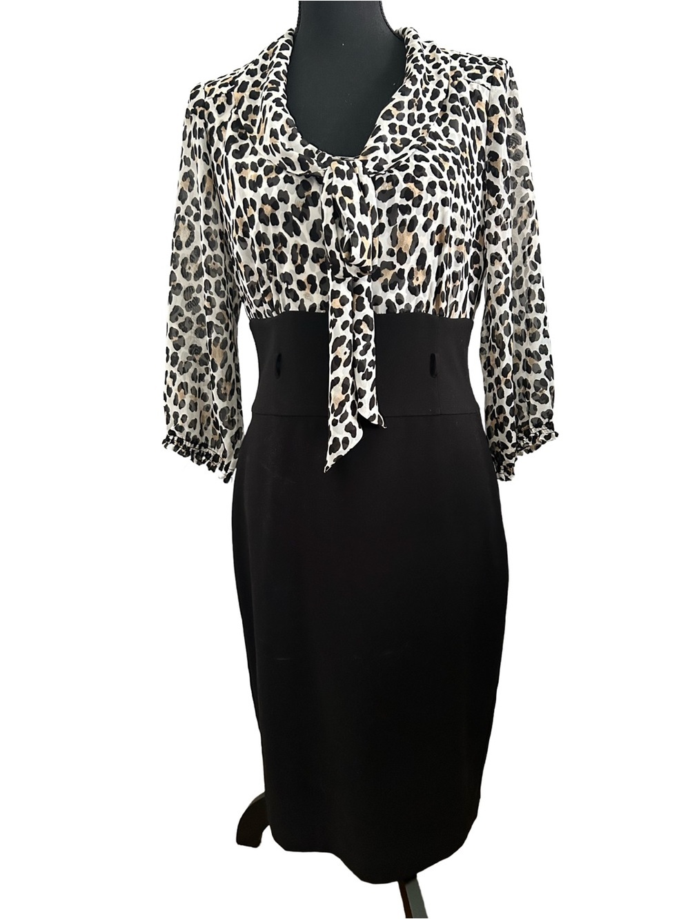 White House Black Market Black and White Leopard Print Tie-Neck Dress. Size 8